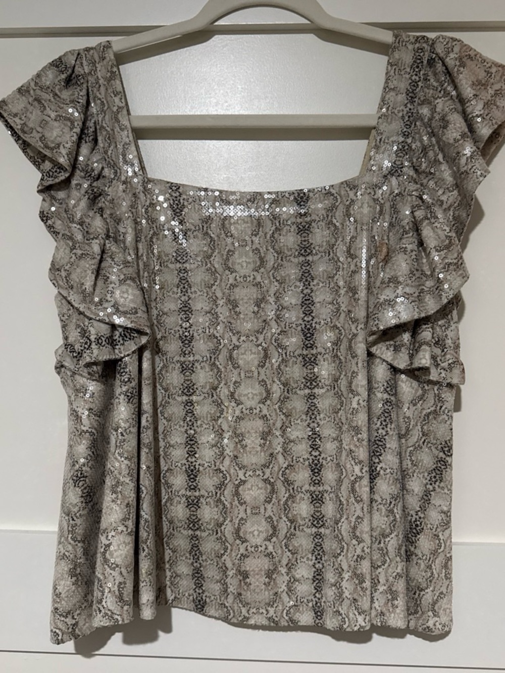 Endless Rose Taupe Sequin Snake Print Ruffle Top